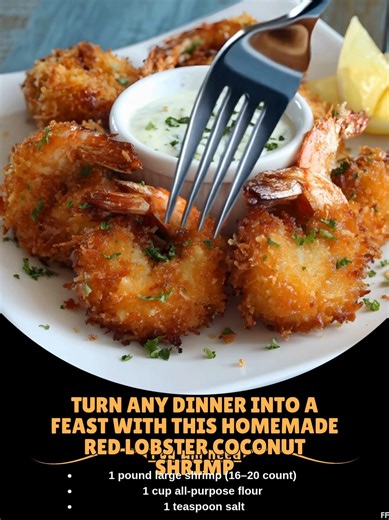 7K views · 26 reactions | Red  Lobster Coconut Shrimp Ingredients 1 pound large shrimp (about 16–20 count), peeled and deveined, tails on 1 cup all-purpose flour 1 teaspoon salt ..... Full Recipe in Coʍmеոτ   | Tasty Recipes | Facebook
