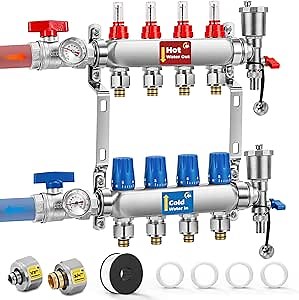 4-Branch Radiant Heating PEX Manifold Kit for Hydronic Radiant Floor Heating Stainless Steel Manifold Kit for PEX Tubing (1/2’’ and 3/4’’ adapters included)