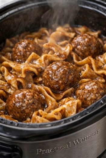 4-Ingredient Slow Cooker Meatball Stroganoff Recipe Ingredients 2 pounds frozen fully cooked beef or pork-beef meatballs 2 (10.5-ounce) cans condensed cream of mushroom soup 2 cups sour cream 12 ounces wide egg noodles, uncooked Directions Place the frozen meatballs in the bottom of a 5- to 6-quart slow cooker, spreading them into an even layer so they cook evenly. In a medium bowl, whisk together the condensed cream of mushroom soup and 1 cup of water until smooth and pourable. This will give y