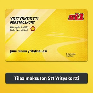 St1 Yrityskortti sopii ihan jokaisen autoilevan yrittäjän tarpeisiin. Tilaa maksuton kortti ja hyödy mm. edullisemmista polttoaineista, laajan asemaverkoston monipuolisista ravintola- ja autopesupalveluista sekä kirjanpitokelpoisesta laskusta! | St1