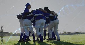 DNA strand animation over baseball team huddling on field