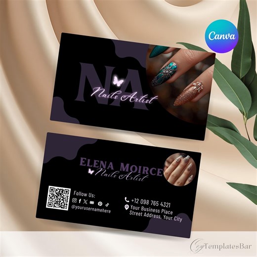 Artist Business Card Template Canva | Beauty Salon Card | Nail Technician Branding | Editable Beauty Business Card | Black Art Purple - Etsy