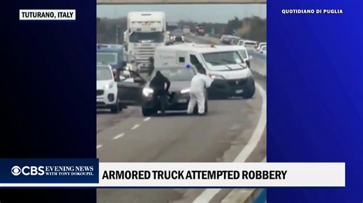 At least two people were arrested after robbers, some posing as police, blocked a highway in southern Italy and tried to blow open an armored truck. A shootout and chase followed, but no one was hurt. | CBS Evening News