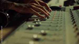 Sound engineer moving sliders on control desk. Man hands touching soundboard.