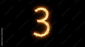 Fire number 3 of burning flame. Number three made from fire flame. Flaming burn font or bonfire alphabet text with sizzling fiery shining heat effect. 3D rendering.