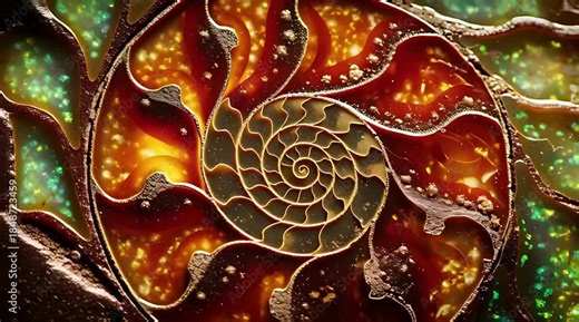 A mesmerizing close-up of a fossilized ammonite, revealing its perfect logarithmic spiral and the iridescent, opal-like colors of ammolite mineralization