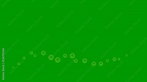 Animated symbols of smileys fly from left to right. A wave from yellow emoticons. Linear icons of smileys. Concept of mood. Looped video. Vector illustration isolated on green background.