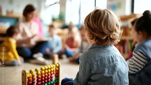 Faceless group preschool children sitting classroom floor teacher uses abacus explain basic math kindergarten education encourages curiosity hands on number learning activity