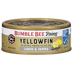 Bumble Bee Prime Lemon & Pepper Yellowfin Tuna in Extra Virgin Olive Oil, 5 oz Can - Wild Caught Ahi Tuna - 28g Protein Per Serving - Non-GMO, MSC Certified Sustainable Seafood