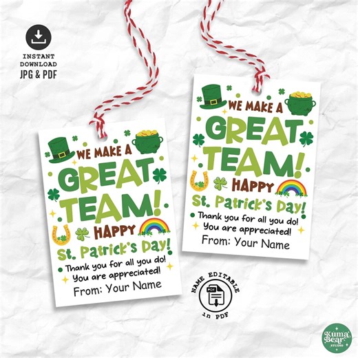 Printable St Patricks Day Tags, Team Appreciation Gift Tag, Thank You Treat Favor for Staff Employee Coworker - Etsy