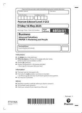2025 Pearson EDEXCEL As Level Business Paper 1 8bs0 01 Marketing And People