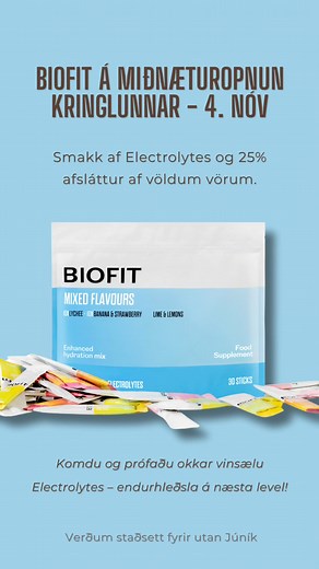 BIOFIT á miðnæturopnun kringlunnar!🎉 Kíktu á básinn okkar og fáðu smakk af okkar vinsælu Electrolytes 💦 Við verðum staðsett fyrir utan Júník 👏 Einnig verðum við með 25% afslátt af vel völdum vörum svo það er kjörið tækifæri til þess að gera góð kaup í leiðinni 💪 | Biofit Iceland
