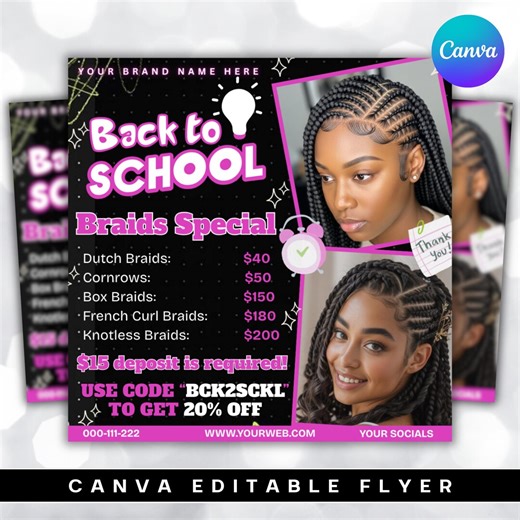 Back to School Braids Flyer, Hair Salon Template (canva Editable, Digital Download - Etsy