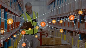 Warehouse worker with boxes and shopping cart icons, e-commerce logistics animation