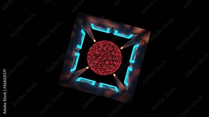 HD video of abstract seamless rotating animation loop of 3D render red color energy sphere or circle, inside a beautiful sci-fi frame which is glowing with blue and orange light, on black background.