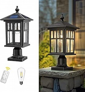 zeyu 19 Inch Solar Post Light with Pier Mount, Modern Large Solar Lamp Post Light for Patio with Remote Control, Die-Cast Aluminum with Seeded Glass Shade, Black Finish, ZX107P-SL BK