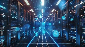 Data Streams in the Digital Corridor: A futuristic server room hums with activity as glowing data packets race through a central corridor, illuminating the cutting-edge technology.