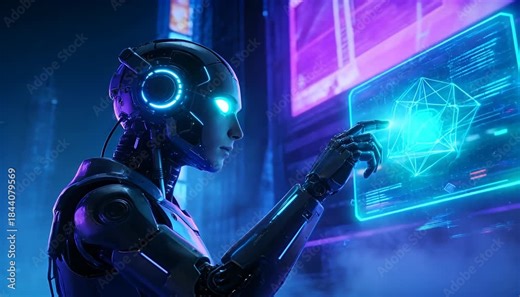 A futuristic humanoid robot uses advanced artificial intelligence to interact with a complex holographic data.