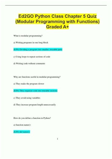 Ed2GO Python Class Chapter 5 Quiz Modular Programming with Functions Graded A1282