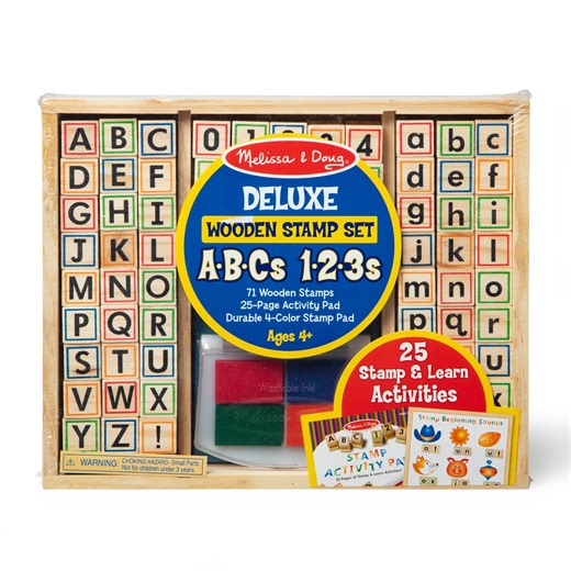 Melissa & Doug Deluxe Letters and Numbers Wooden Stamp Set ABCs 123s With Activity Book, 4-Color Stamp Pad - FSC Certified