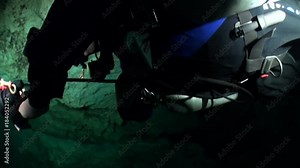 Yucatan Mexico cenotes underwater. Scuba diving in clean and clear underground water.