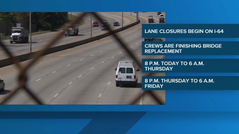Overnight lane closures on I-64 in east Louisville begin Wednesday