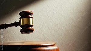 A wooden gavel striking a sound block, symbolizing justice and legal authority. The close-up shot highlights the importance of law, order, and court proceedings.