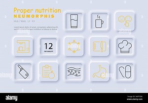 Proper nutrition set icon. Water, coffee, emotion, fiber, stomach, checklist, chef hat, capsule, chopping board, digestive system, vitamins, balance Stock Vector Image & Art - Alamy
