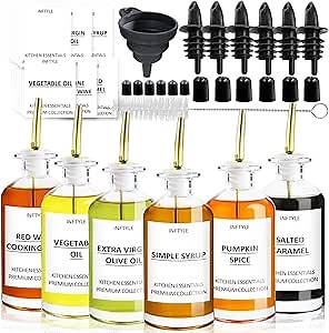 12 OZ Syrup Bottles Coffee Syrup Dispenser Glass Bottle for Coffee Bar for Kitchen, With Metal Pour Spout, Cleaning Brush, Labels and Stopper, for Maple, Honey, Syrup and Olive Oil. (6 Pack)