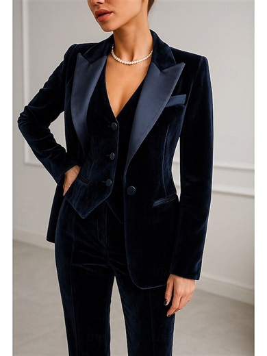 Blue Black Tuxedo Women Pantsuit 3 Piece Velvet Pantsuit Mother of the Bride Elegant Simple Lapel Floor Length Long Sleeve with Solid Color 2025 2025 - $175.99