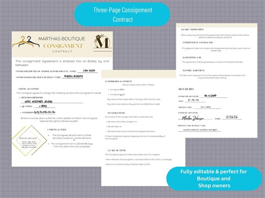 3-page Consignment Contract Template, Small Business Agreement, Boutique & Resale Shop Consignment Form, Editable PDF - Etsy