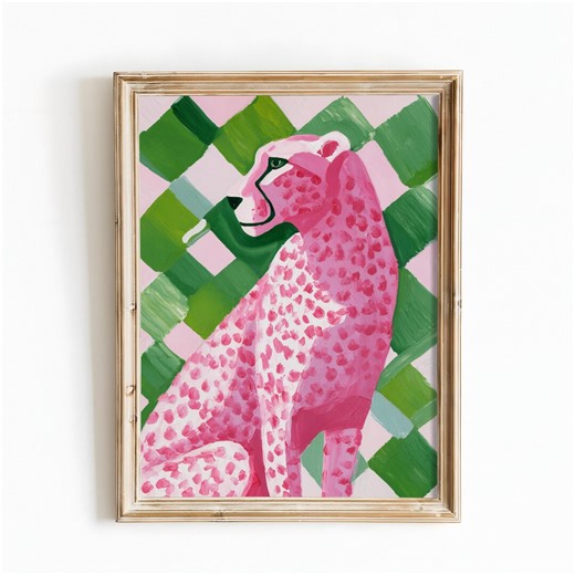 Pink Cheetah Print, Leopard Green Checkered Wall Art, Maximalist Retro Animal Art Decor, Digital Download - Etsy