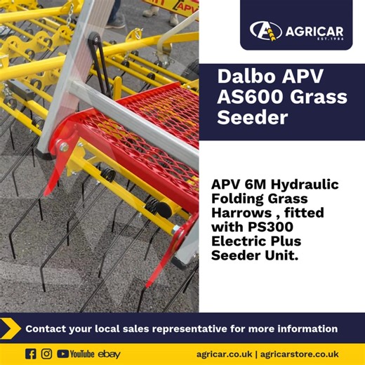 ✅Dalbo APV AS600 Grass #seeder #APV 6M Hydraulic #FoldingGrassHarrows , fitted with PS300 Electric Plus Seeder Unit. Contact your local sales representative for more information. #AgricarGroup #dalbouk | Agricar