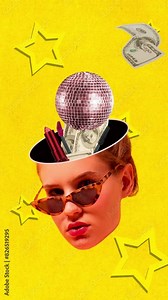 Stop motion, animation. Creative design. Young stylish girl dreaming about party, disco, money and beauty. Dreams inside head. Lifestyle of youth. Concept of surrealism, creativity, imagination
