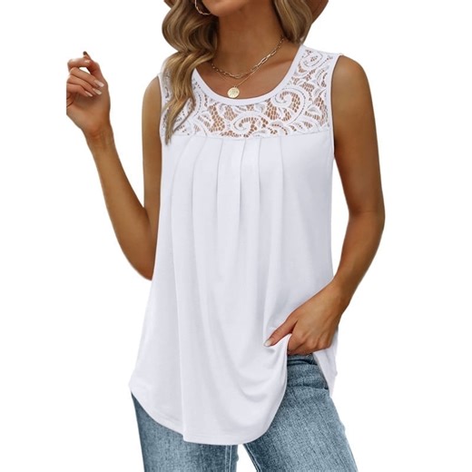 Ronuti Summer Tank Tops for Women Loose Fit Pleated Tunics Scoop Neck Sleeveless Curved Hem Flowy Lace Tops