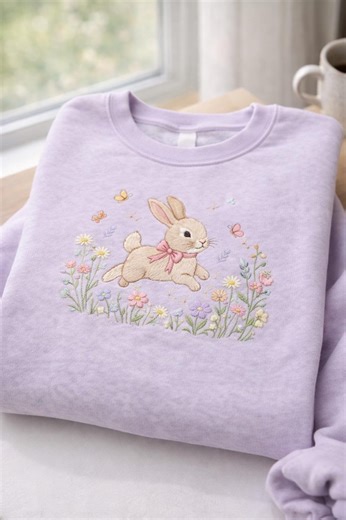 Easter Flowers Bunny Sweatshirt, Cute Bunny Shirt, Rabbit Shirt, Happy Easter Day Gift, Coquette Easter Shirt, Cute Easter Embroidered Shirt - Etsy