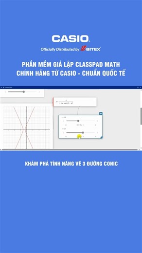 KHÁM PHÁ TÍNH NĂNG VẼ 3 ĐƯỜNG CONIC TRÊN PHẦN MỀM GIẢ LẬP CLASSPAD MATH Phần mềm giả lập ClassPad Math cho phép vẽ đồ thị của 3 đường conic là parabol, elip, hypebol. Giúp thấy rõ sự khác biệt giữa elip, hypebol, parabol một cách trực quan và sinh động. Thay đổi giá trị tham số ngay lập tức → đồ thị sẽ tự động cập nhật theo. ClassPad Math là phần mềm giả lập do Casio phát triển, mô phỏng chức năng của các máy tính Casio. Nền tảng này hỗ trợ tính toán toán học, vẽ đồ thị, hình học, thống kê, v.v.