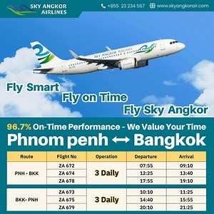 ✈️ Travel to Bangkok – Easy, On Time, and Everyday! Looking for the perfect flight to Bangkok? Sky Angkor Airlines makes it simple: ✅ 3 flights every day – morning, noon & evening ✅ 96.7% on-time performance – no more delays ✅ Comfortable flight time ✅ From Phnom Penh to Bangkok – comfortably, and on time No matter why you fly, we get you there – on time 🛫 Book your Bangkok trip today at www.skyangkorair.com 📅 Daily departures. Reliable schedules. Friendly fares. #Bangkok #SkyAngkorAirlines #P