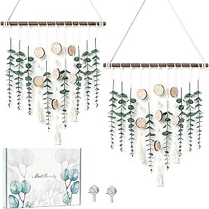 Artificial Eucalyptus Wall Hanging Bathroom Decor Fake Greenery Leaves on Wooden Stick Boho Plants Wall Decor with Gift Box for Bedroom Kitchen Dining Room Nursery Room (Set of 2)