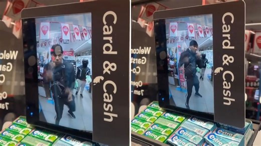 Watch AJ shadow box in Co-op as he watches himself on camera - as customer waits