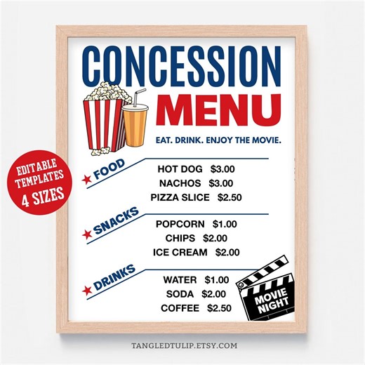 Movie Concession Stand Menu | Movie Night Refreshment Stand Price List | Printable Editable Template | Instant Download CON1 - Etsy