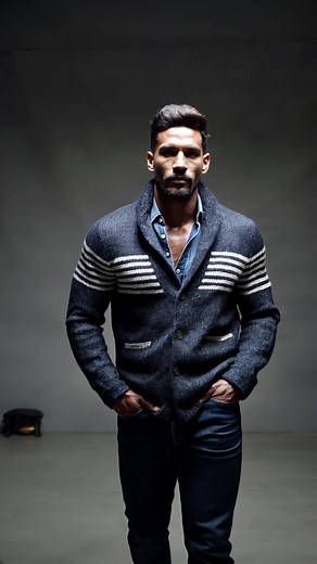 Thick navy cardigan with a chunky shawl collar, bold light-gray stripes on the chest and arms, and front patch pockets. Medium-weight knit with a cozy, rugged vibe. Key Points Material: Heavy knit wool-blend Silhouette: Relaxed, with structured shoulders Details: Shawl collar, button-front, striped yoke, two patch pockets Styling: Works over denim or chinos for a casual-smart look Outfit Ideas Casual: denim shirt dark jeans leather boots Smart-casual: tee or henley chinos loafers Tags #KnitCardi