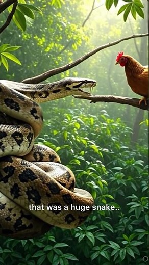 A tense jungle standoff – the python coils as the chicken stares back. 🐍🐓🌿