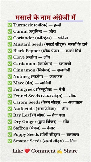 Spices Names in English and Hindi/मसालों के नाम/Spice Name/Masala ke Naam#SpicesVocabulary#education