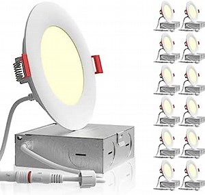 12 Pack 4 Inch LED Recessed Slim Pot Lights with Junction Box, Dimmable Downlights Ceiling Lighting CRI95, 3000K Warm White,10W 75W Eqv, CRI95, Recessed Light, FCC, ETL, Energy Star Certified