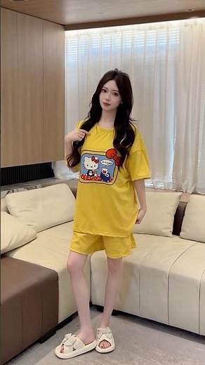 Cute Yellow Hello Kitty Pajama Set | Soft & Comfy Loungewear for Women #outfit #girlsoutfit #shorts