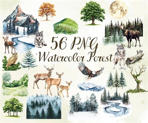 56 PNG Watercolor Forest Clipart – Pine Trees, Deer, Mountains (digital Files) - Etsy