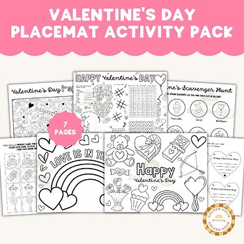 Valentines Placemats | Valentine’s Day Activity Placemats for Kids | No Prep