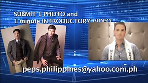 THE SEARCH IS ON! Watch out for a new and exciting concept in the history of Male pageantry.. The Biggest.. The Grandest.. and the Most Celebrated Male Pageant in the Philippines. Join us and become the next: Man of the Year Philippines, Mister Globe Philippines, Manhunt International Philippines, Man of the World Philippines and Mister International Philippines Email us at peps.philippines@yahoo.com.ph your photo and 1 min video introducing yourself and tell us why you want to join Misters of F