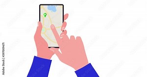 4K stock video, Looped animation, Hands holding mobile phone with directions on city map, Taxi call template. finger clicking screen, GPS roadmap on smartphone. 2D Seamless motion animated footage